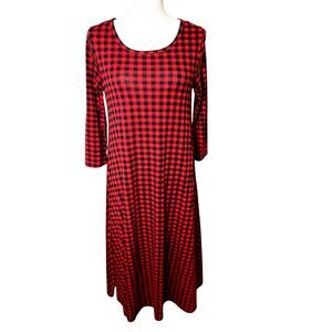 Gingham A-Line T- Shirt Midi Dress Red Black Pockets Size M Fall Cottagecore